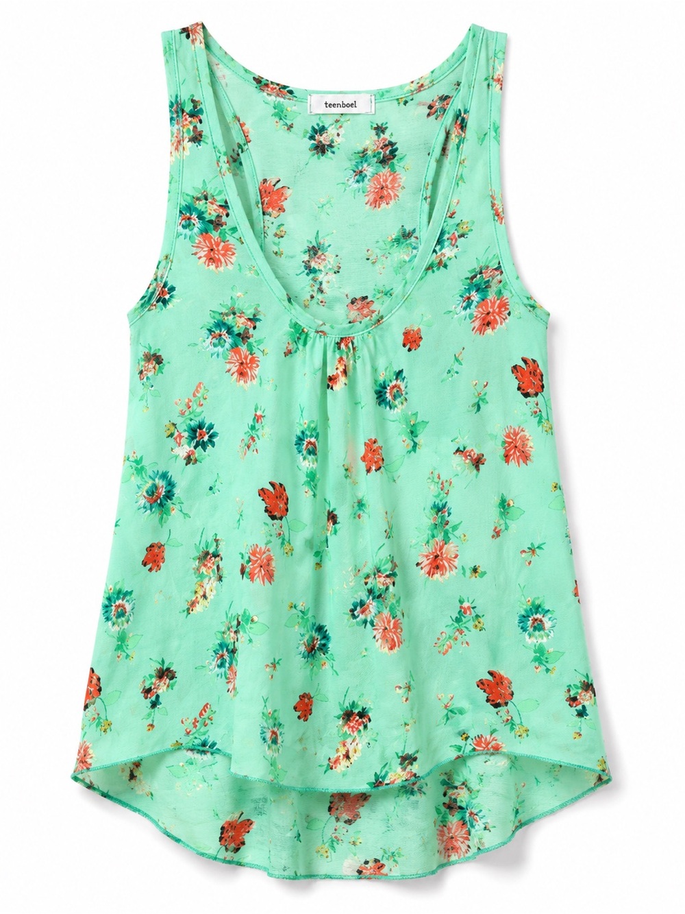 Junior’s Teenbell Sheer Mint Floral Scoop Neck Tank Top- M/L